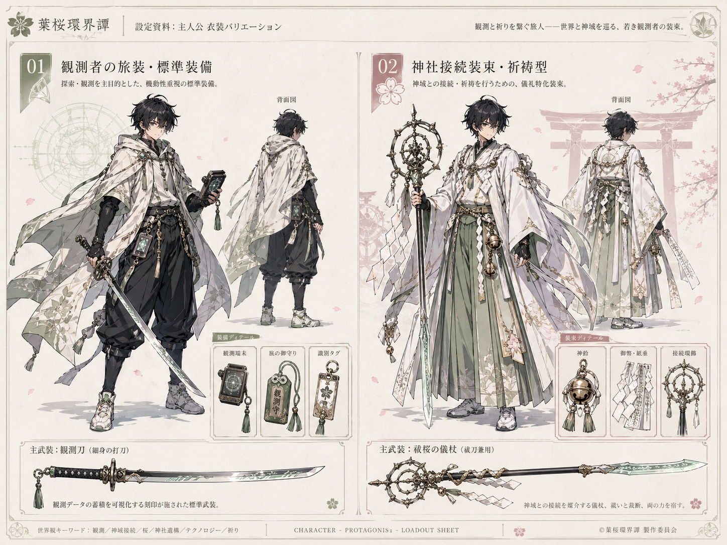 標準装備と神社接続装束。観測と祈祷の二つの接続先を見せる衣装資料。