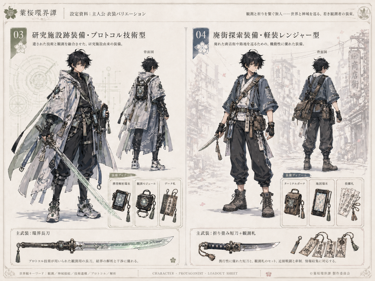研究施設跡装備と廃街探索装備。解析と機動探索に寄った衣装資料。