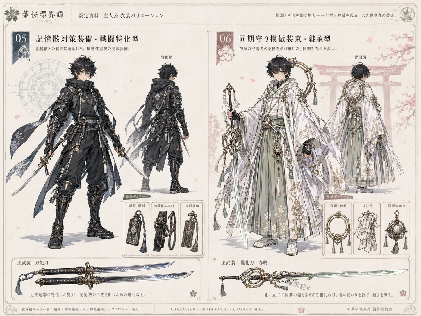 記憶骸対策装備と同期守り模倣装束。戦闘と継承の両極を示す衣装資料。