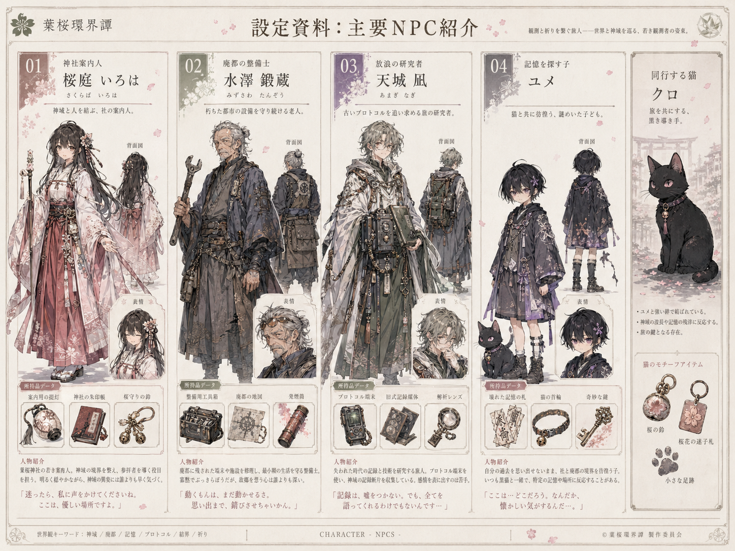 神社案内人、整備士、研究者、記憶を探す子、同行する黒猫の紹介資料。