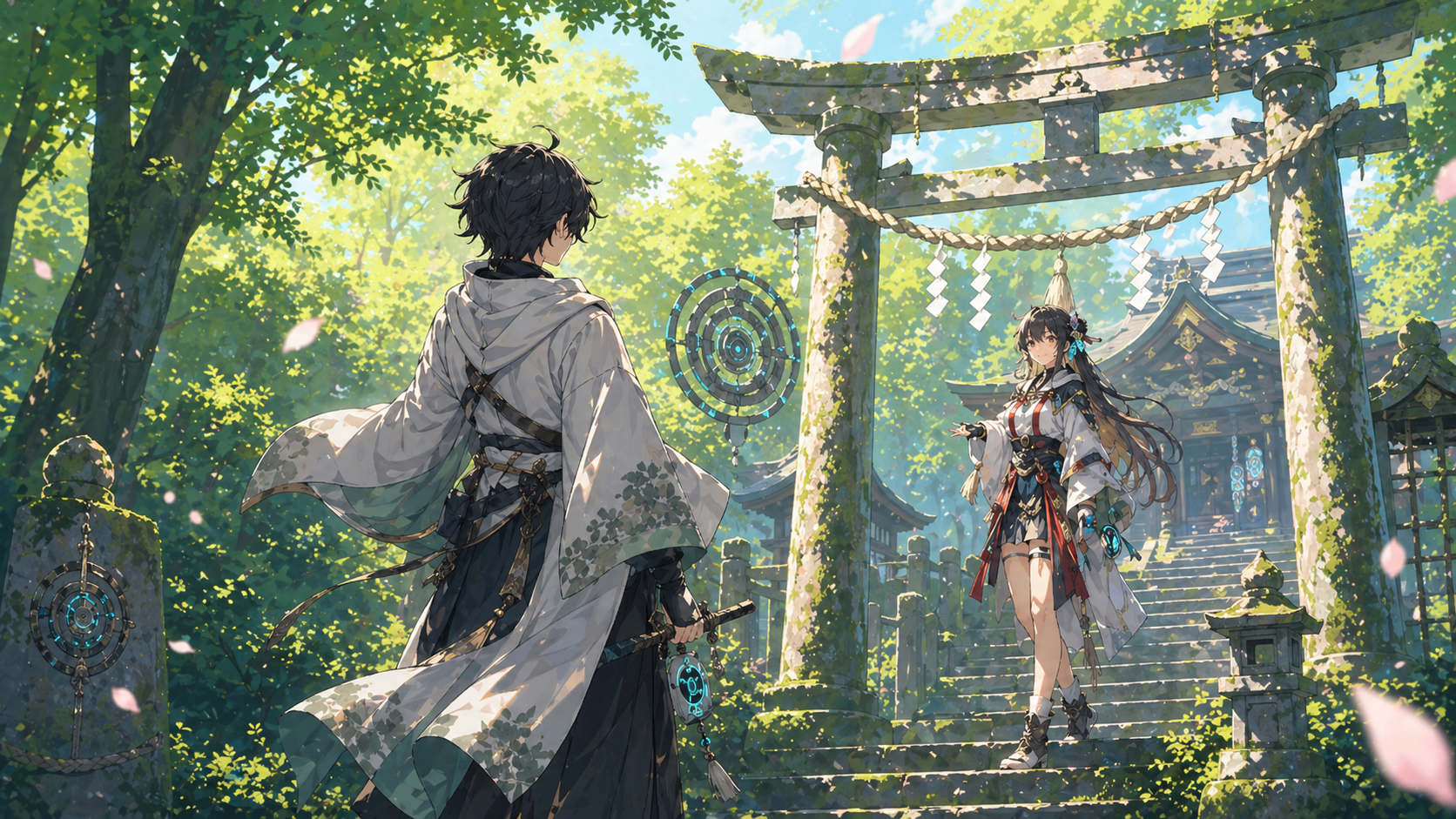 森の神社で案内人と出会い、同期端末の反応を確かめる探索場面。