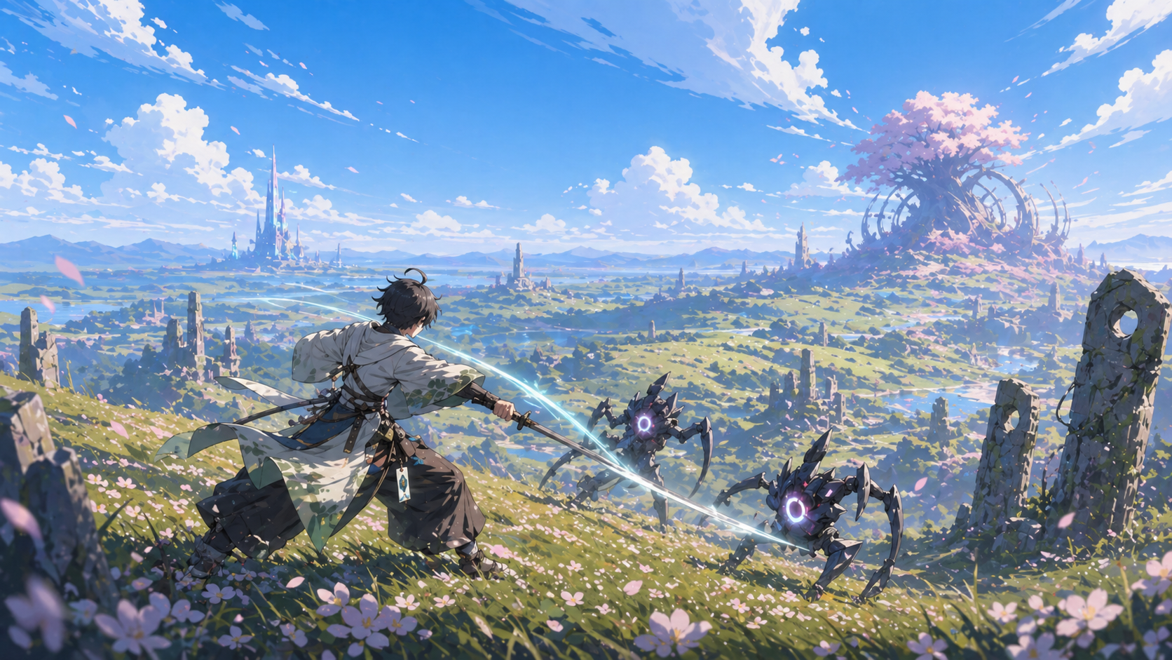 風渡りの丘で小型の敵性存在を相手に間合いを測る通常戦闘場面。