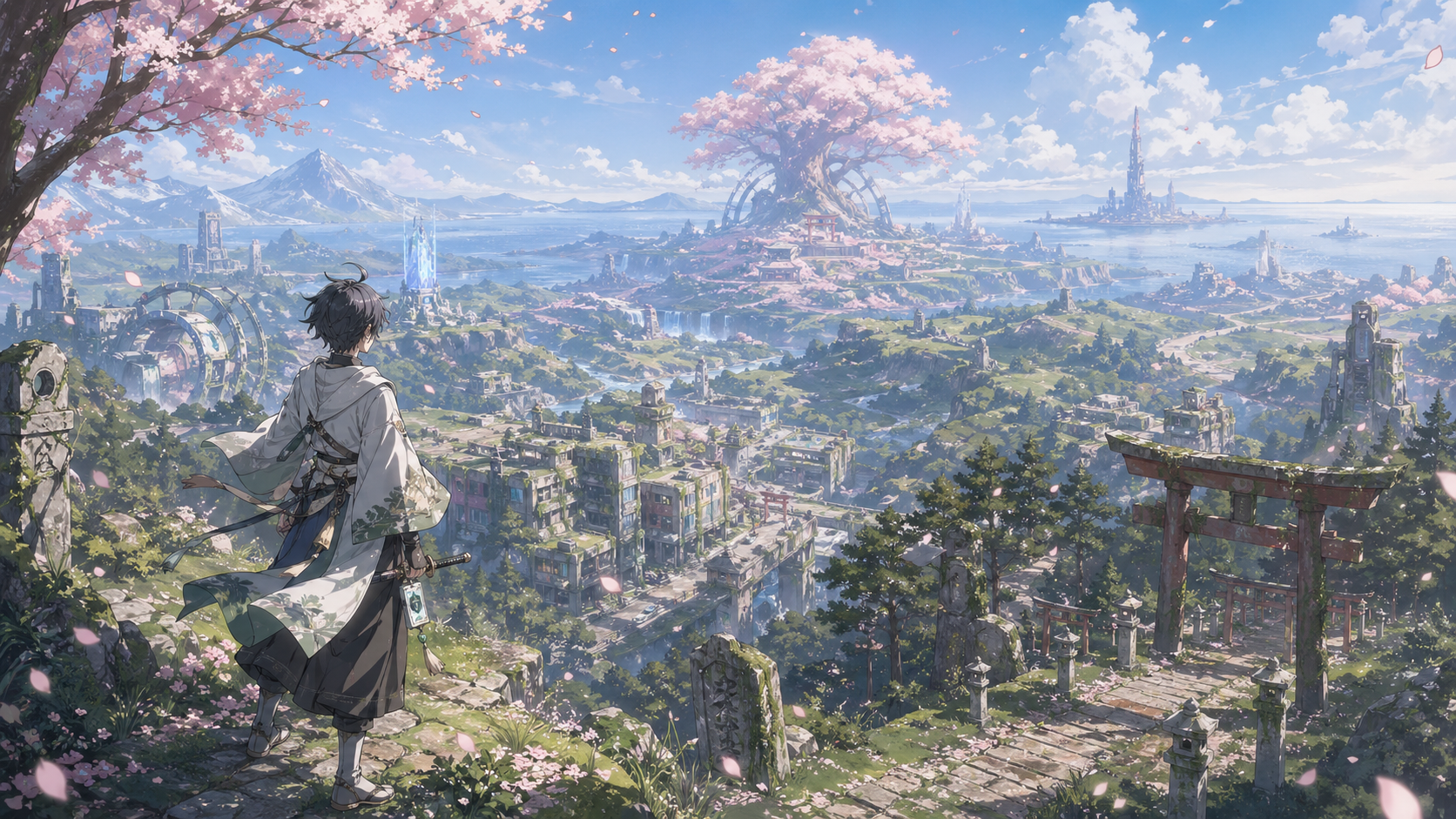 巨大な葉桜の世界を見渡す観測者のキービジュアル