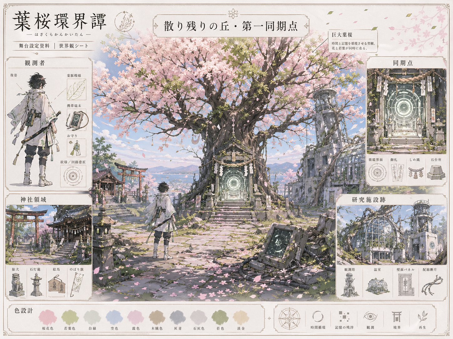 第一同期点の神社領域、研究施設跡、同期点構造をまとめた舞台資料。