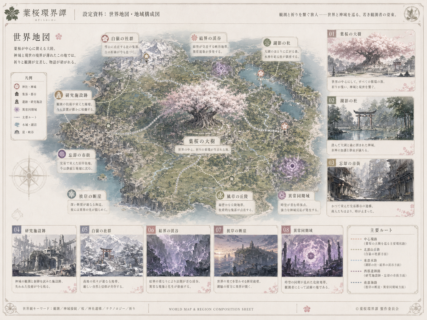葉桜の大樹を中心に、各地域と主要ルートを整理した世界地図。