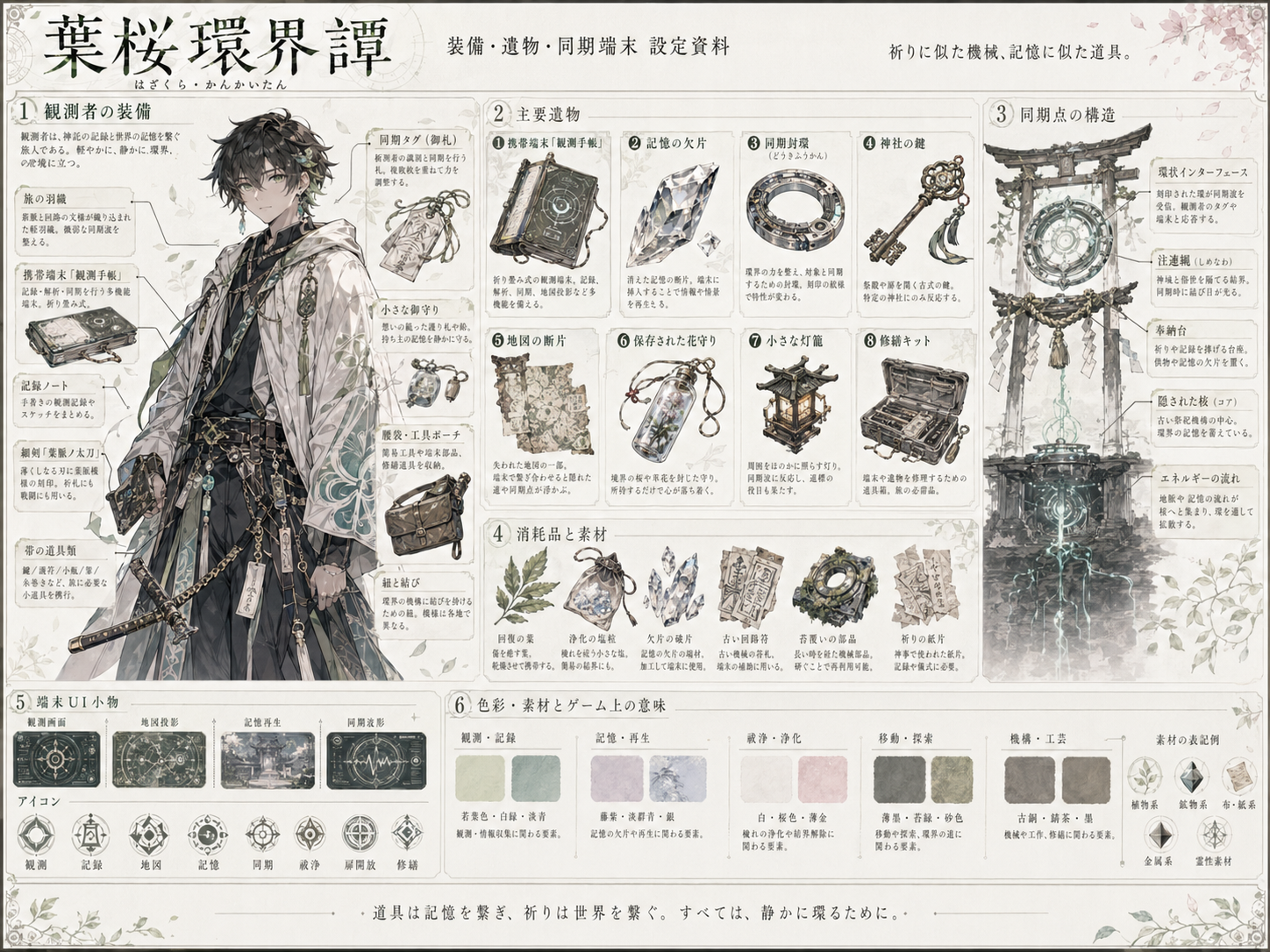 観測者の装備、主要遺物、同期点の構造、端末UI小物をまとめた資料。